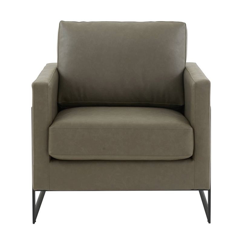 LeisureMod Lincoln Modern Leather Arm Chair with Black Steel Frame Gray