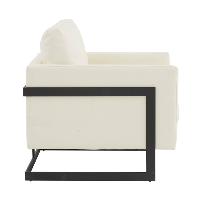 LeisureMod Lincoln Modern Leather Arm Chair with Black Steel Frame White