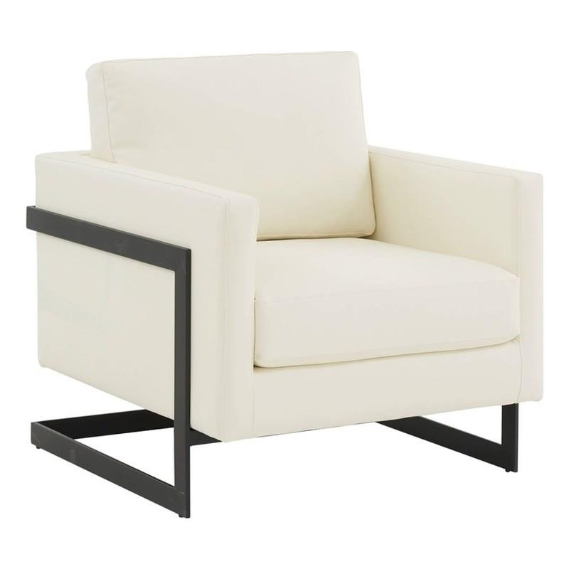 LeisureMod Lincoln Modern Leather Arm Chair with Black Steel Frame White