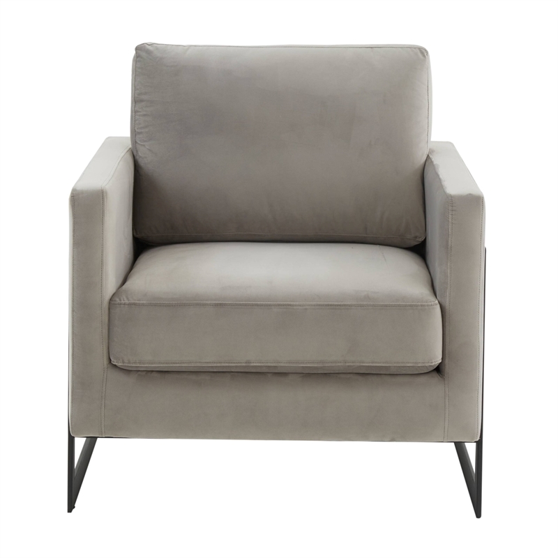 LeisureMod Lincoln Modern Velvet Arm Chair with Black Steel Frame Light Gray