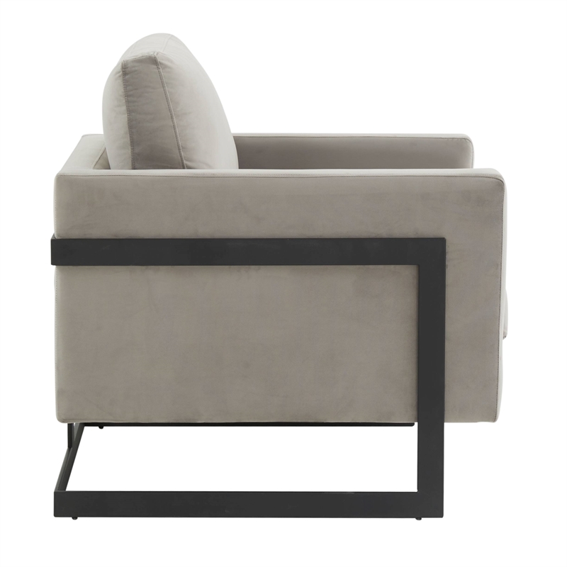 LeisureMod Lincoln Modern Velvet Arm Chair with Black Steel Frame Light Gray