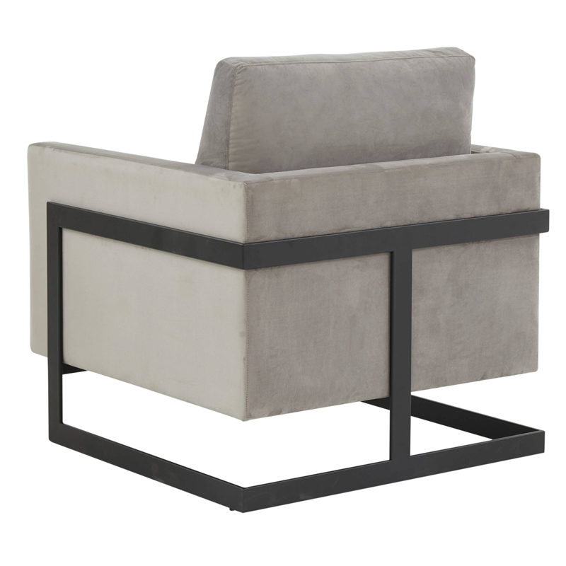 LeisureMod Lincoln Modern Velvet Arm Chair with Black Steel Frame Light Gray