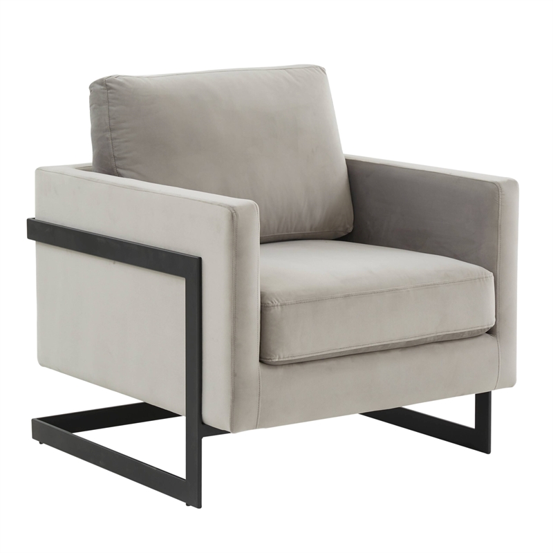LeisureMod Lincoln Modern Velvet Arm Chair with Black Steel Frame Light Gray
