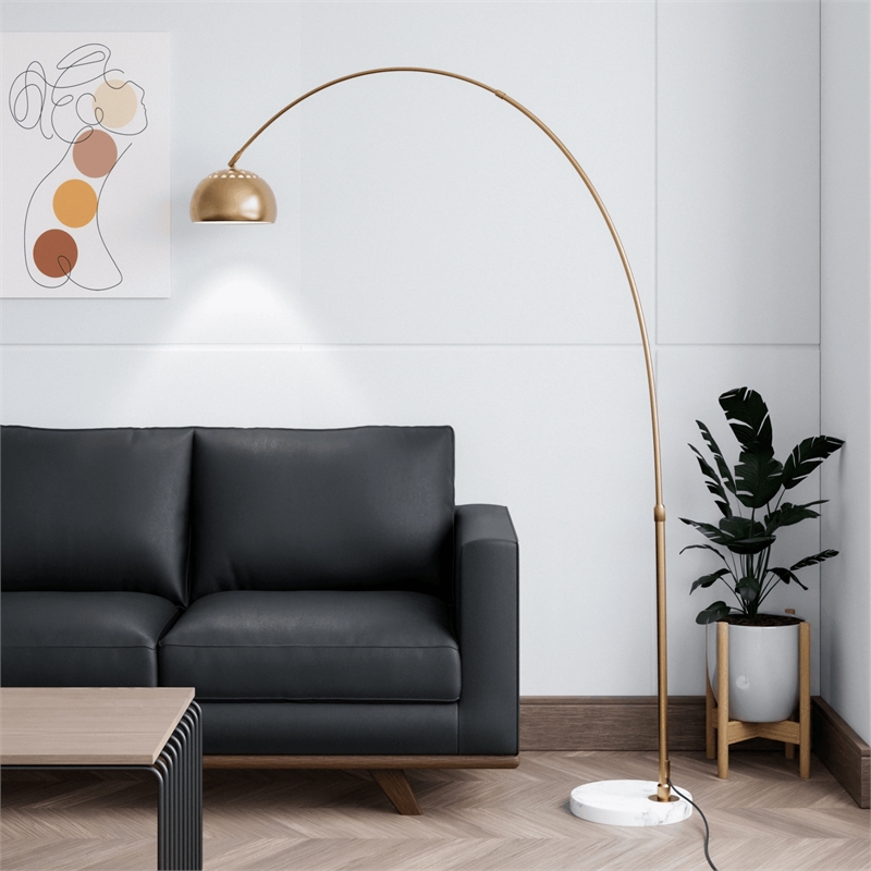 Leisuremod Arco Floor Lamp with White Marble Base and Metal Lamp Shade Gold