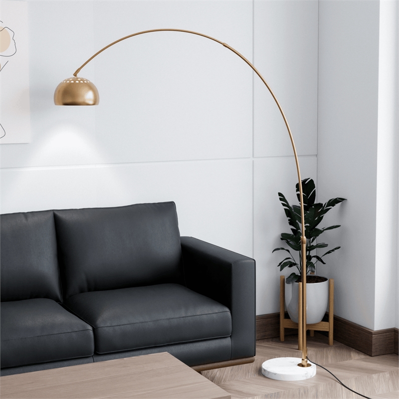 Leisuremod Arco Floor Lamp with White Marble Base and Metal Lamp Shade Gold