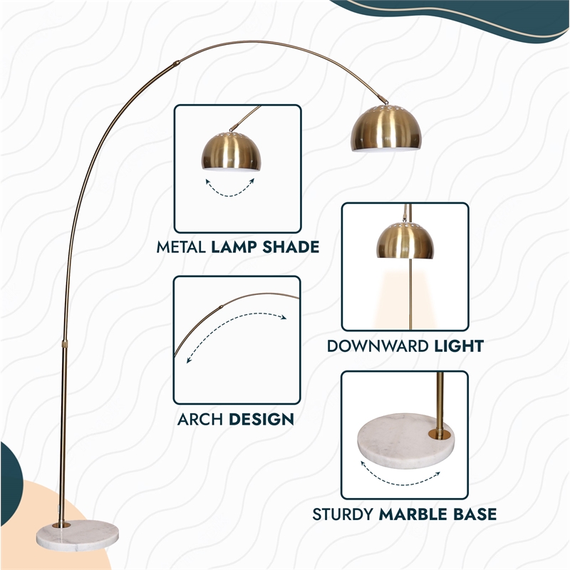Leisuremod Arco Floor Lamp with White Marble Base and Metal Lamp Shade Gold