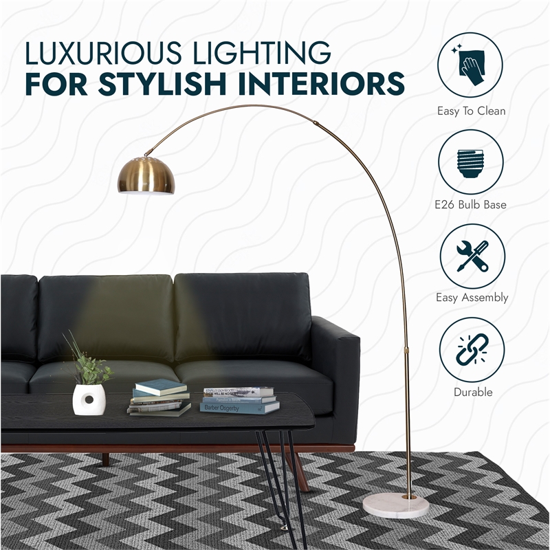 Leisuremod Arco Floor Lamp with White Marble Base and Metal Lamp Shade Gold