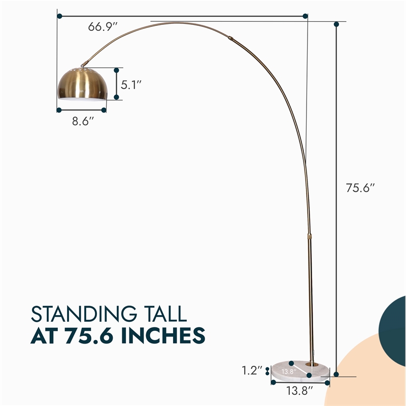 Leisuremod Arco Floor Lamp with White Marble Base and Metal Lamp Shade Gold