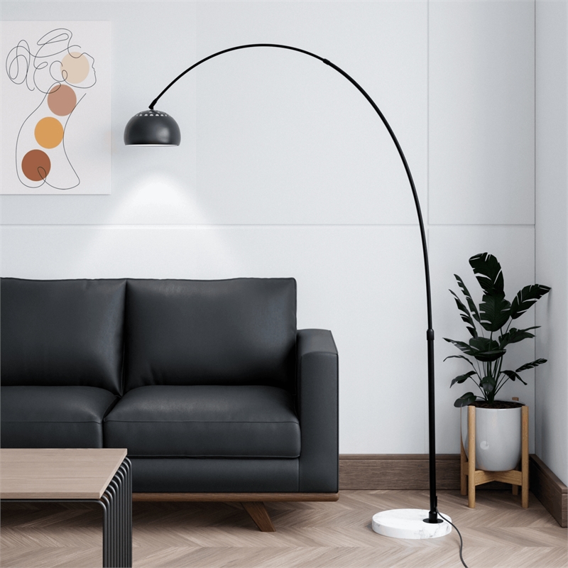 Leisuremod Arco Floor Lamp with White Marble Base and Metal Lamp Shade Black