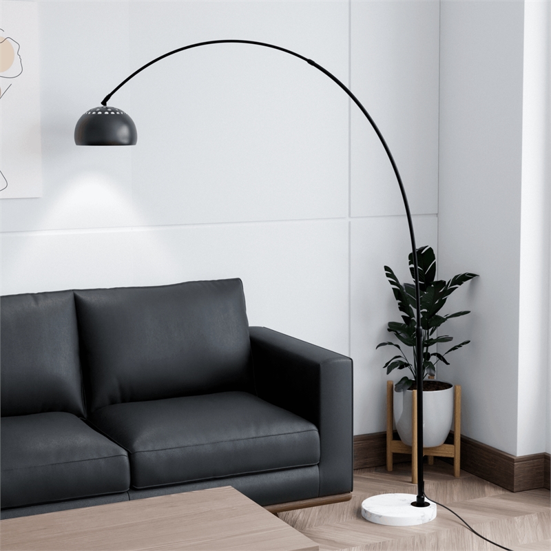 Leisuremod Arco Floor Lamp with White Marble Base and Metal Lamp Shade Black