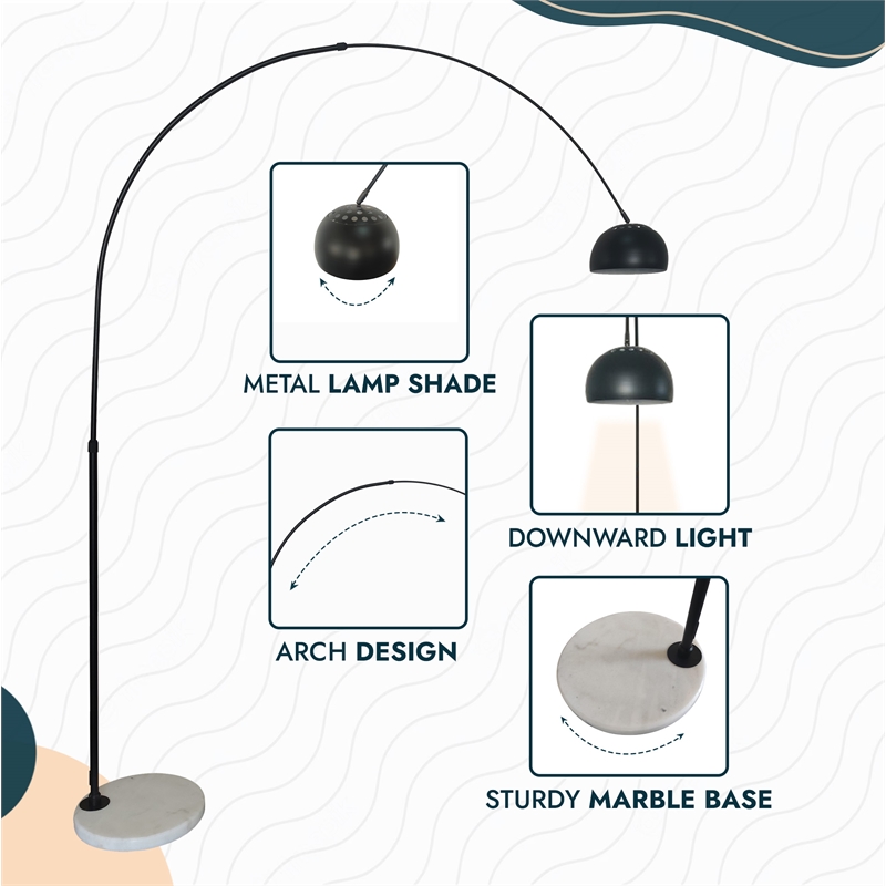 Leisuremod Arco Floor Lamp with White Marble Base and Metal Lamp Shade Black