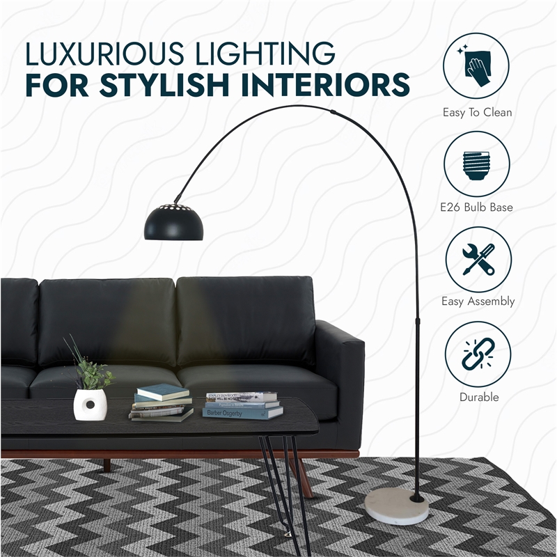 Leisuremod Arco Floor Lamp with White Marble Base and Metal Lamp Shade Black