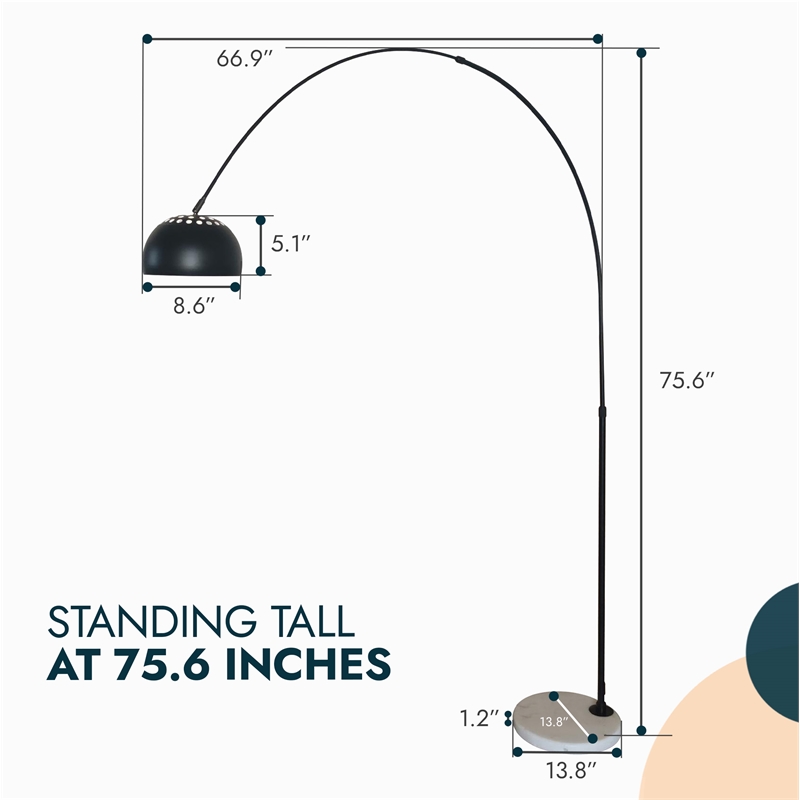 Leisuremod Arco Floor Lamp with White Marble Base and Metal Lamp Shade Black