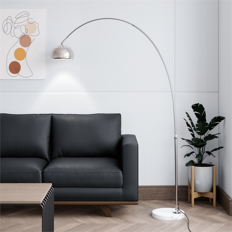 Leisuremod Arco Floor Lamp with White Marble Base and Metal Lamp Shade Silver
