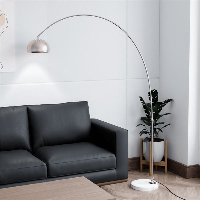 Leisuremod Arco Floor Lamp with White Marble Base and Metal Lamp Shade Silver
