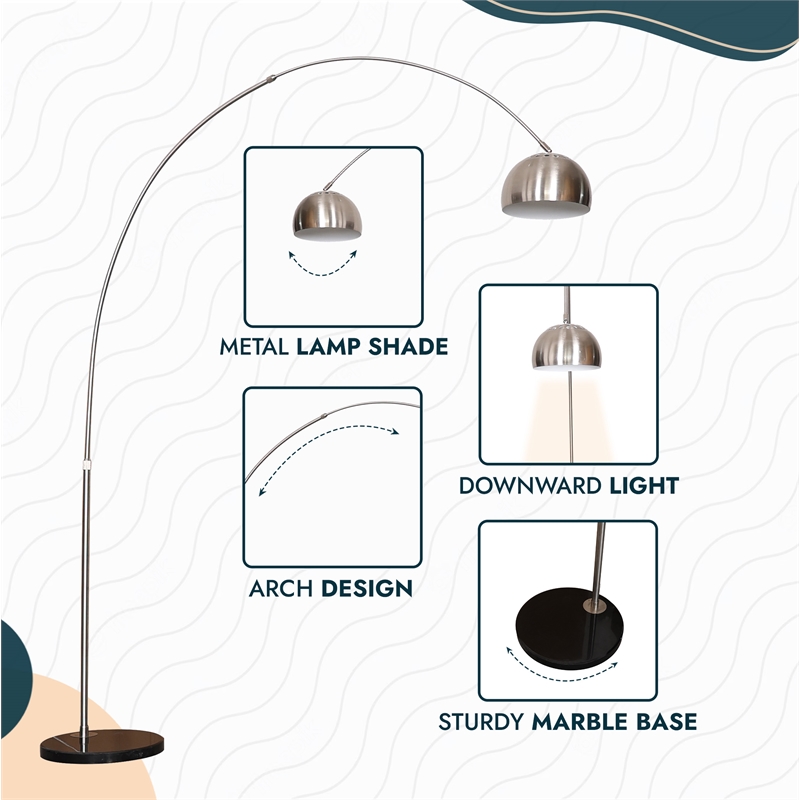 Leisuremod Arco Floor Lamp with White Marble Base and Metal Lamp Shade Silver