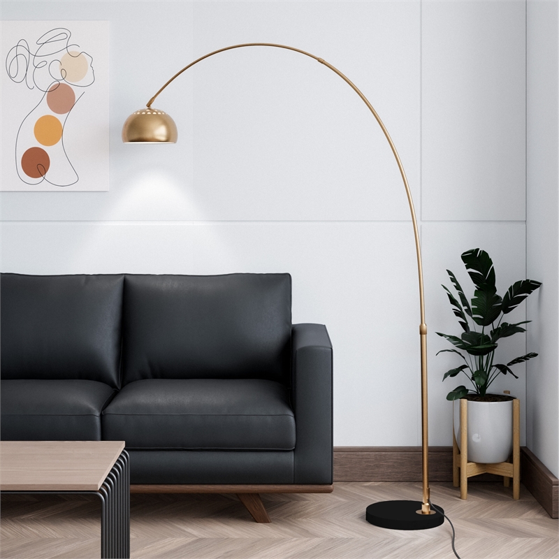 Leisuremod Arco Floor Lamp with Black Marble Base and Metal Lamp Shade Gold