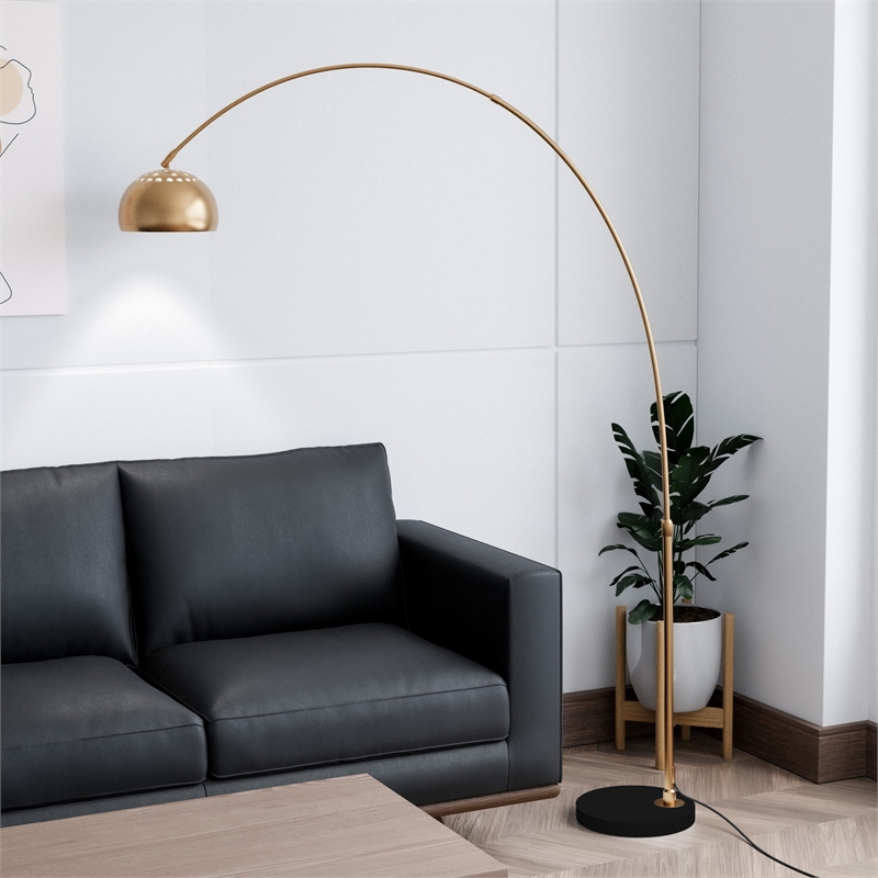 Leisuremod Arco Floor Lamp with Black Marble Base and Metal Lamp Shade Gold