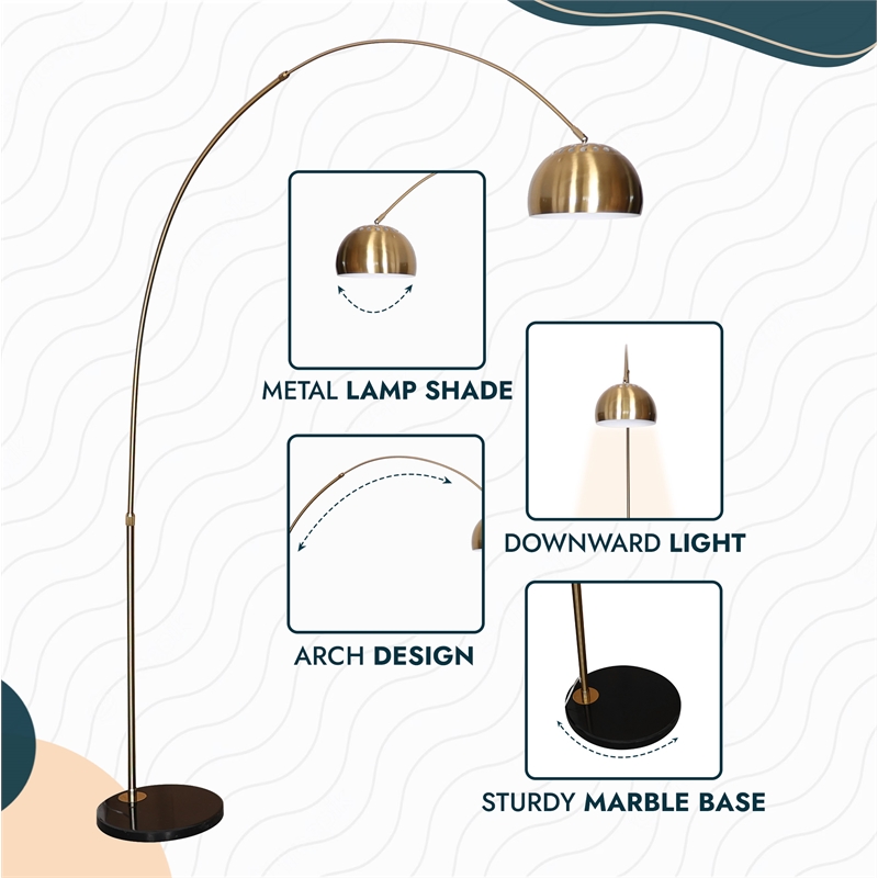 Leisuremod Arco Floor Lamp with Black Marble Base and Metal Lamp Shade Gold