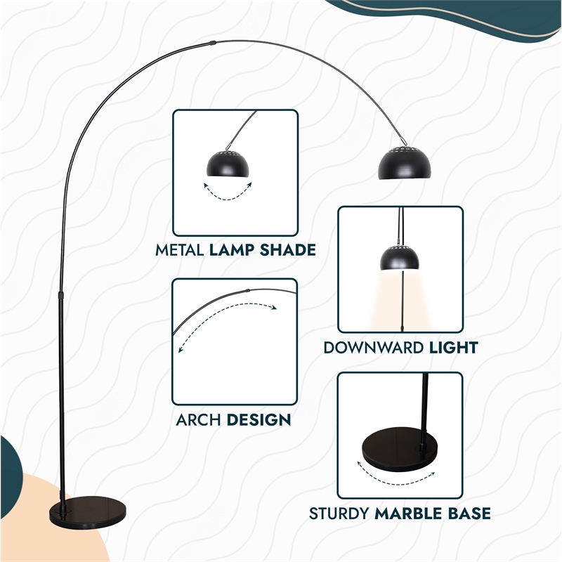 Leisuremod Arco Floor Lamp with Black Marble Base and Metal Lamp Shade Black