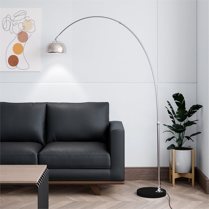 Leisuremod Arco Floor Lamp with Black Marble Base and Metal Lamp Shade Silver