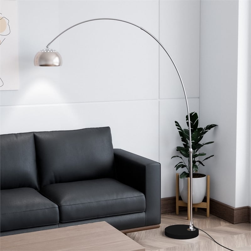 Leisuremod Arco Floor Lamp with Black Marble Base and Metal Lamp Shade Silver