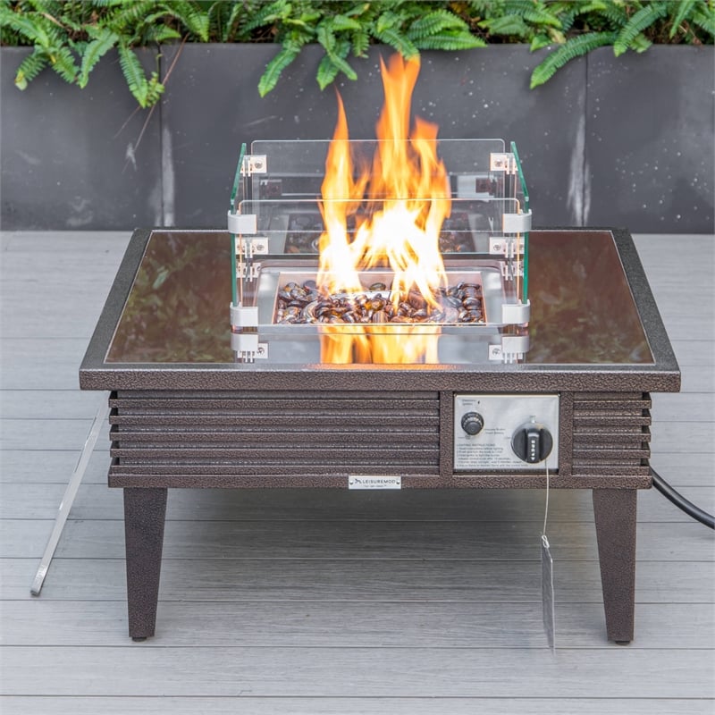 Leisuremod Walbrooke Square Patio Fire Pit Table with Aluminum Slats Frame Brown