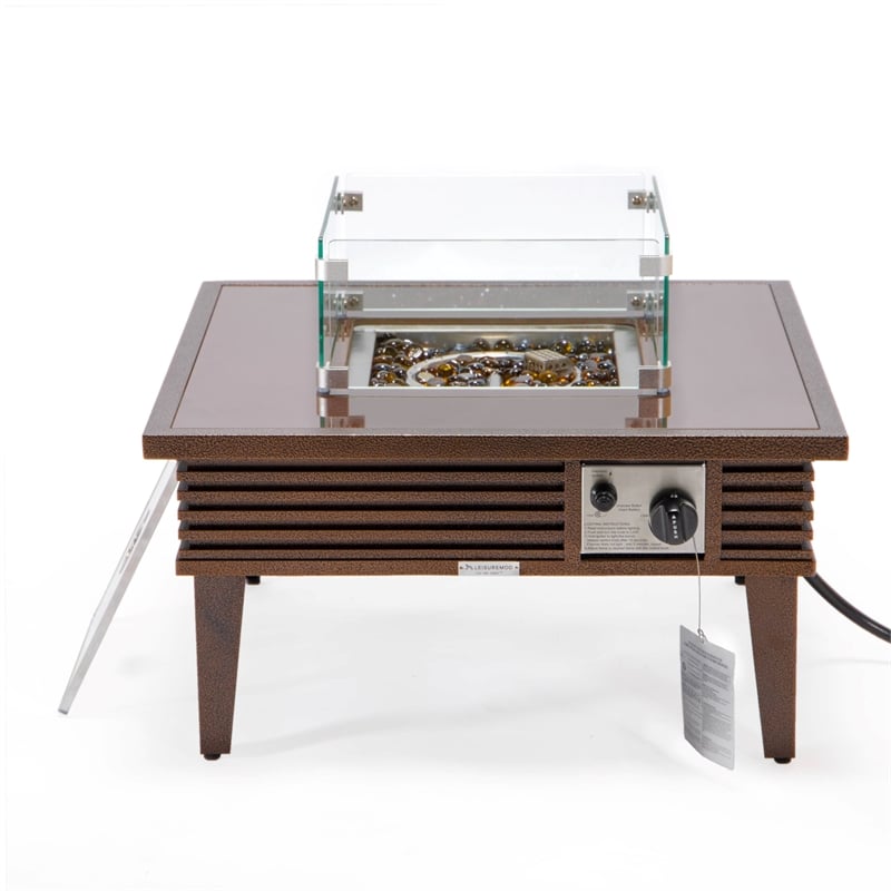 Leisuremod Walbrooke Square Patio Fire Pit Table with Aluminum Slats Frame Brown