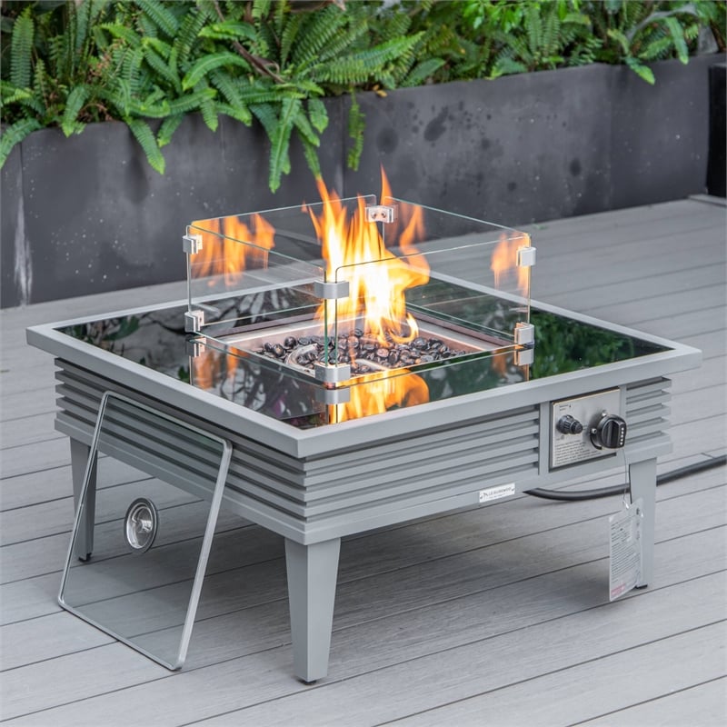 Leisuremod Walbrooke Square Patio Fire Pit Table with Aluminum Slats Frame Gray