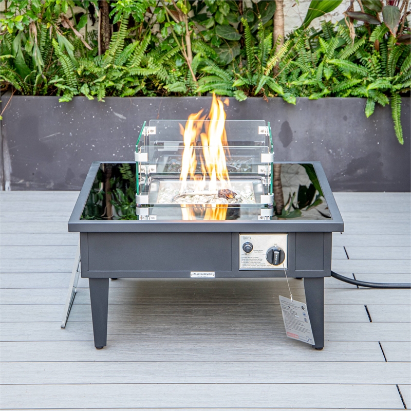 Leisuremod Walbrooke Square Patio Fire Pit Table with Aluminum Frame Black