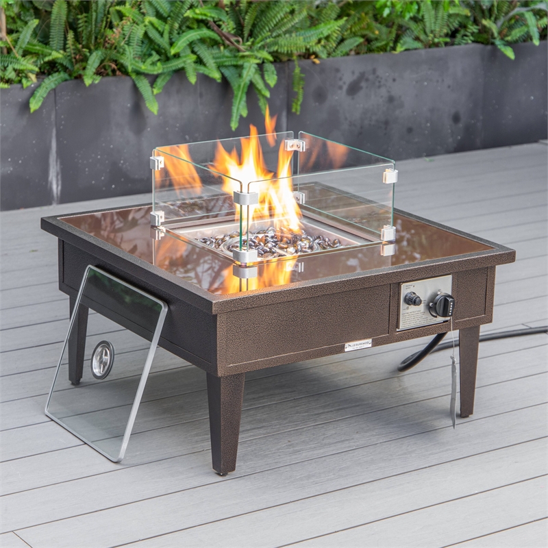 Leisuremod Walbrooke Square Patio Fire Pit Table with Aluminum Frame Brown