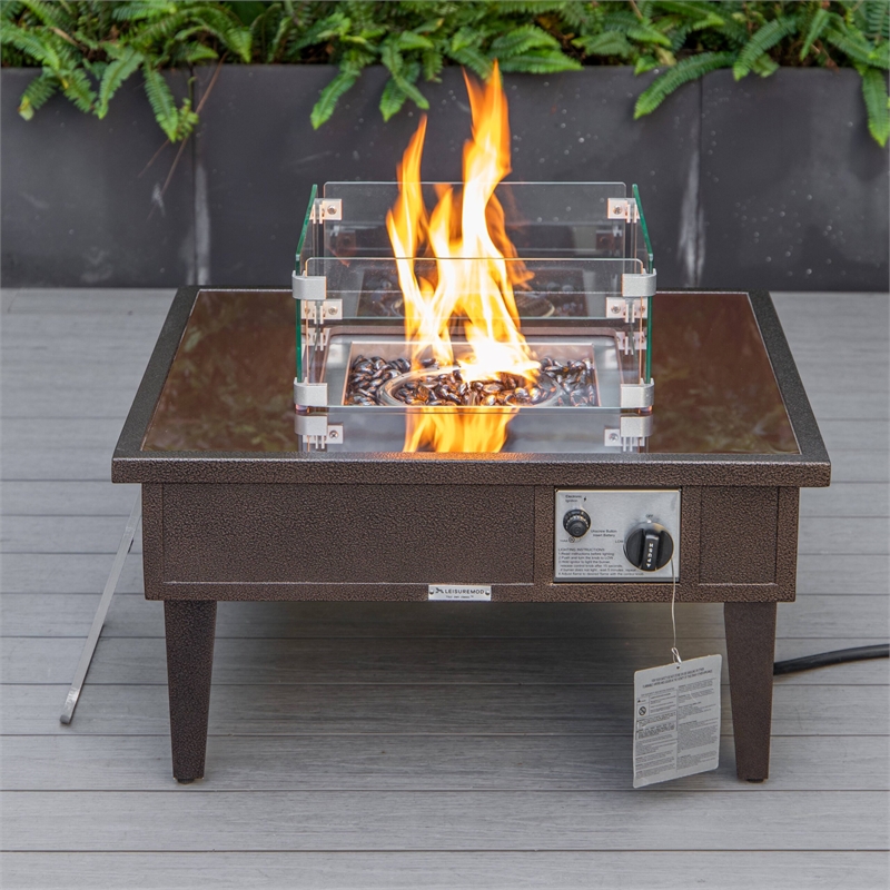 Leisuremod Walbrooke Square Patio Fire Pit Table with Aluminum Frame Brown