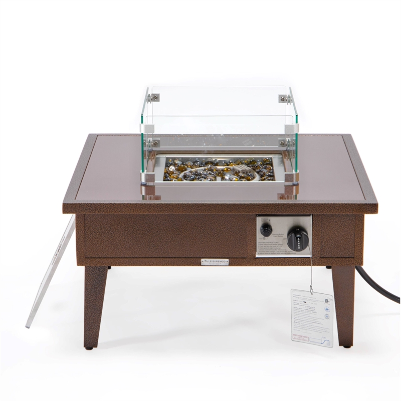 Leisuremod Walbrooke Square Patio Fire Pit Table with Aluminum Frame Brown