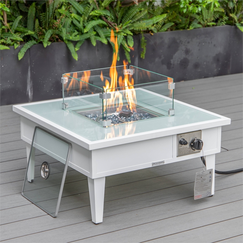 Leisuremod Walbrooke Square Patio Fire Pit Table with Aluminum Frame White