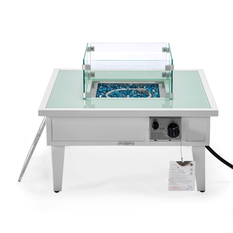 Leisuremod Walbrooke Square Patio Fire Pit Table with Aluminum Frame White