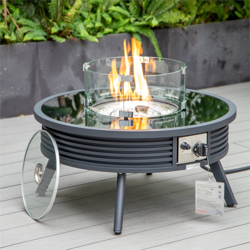 Leisuremod Walbrooke Round Patio Fire Pit Table with Aluminum Slats Frame Black