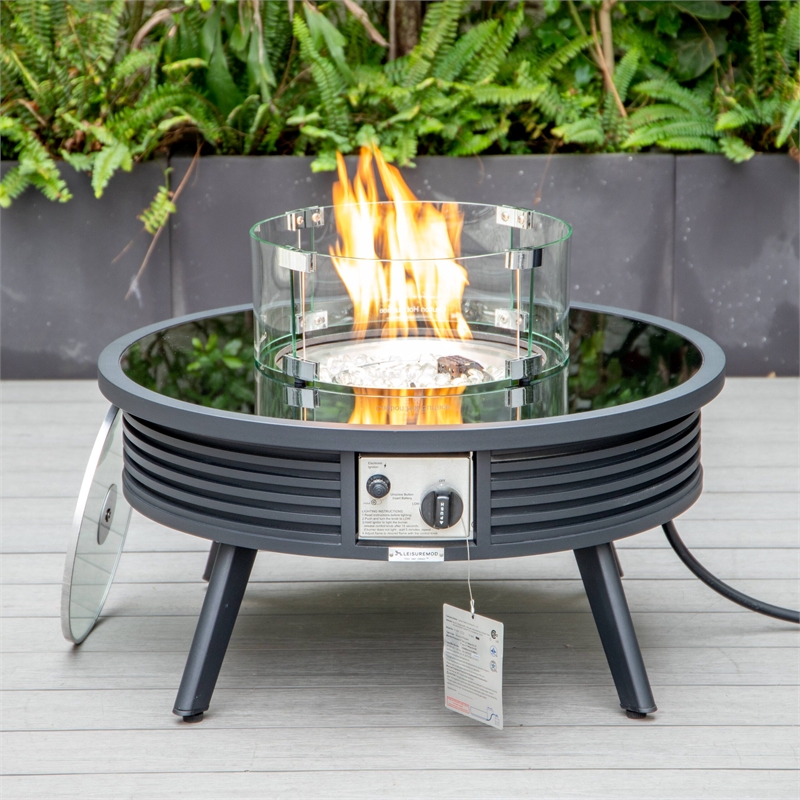 Leisuremod Walbrooke Round Patio Fire Pit Table with Aluminum Slats Frame Black