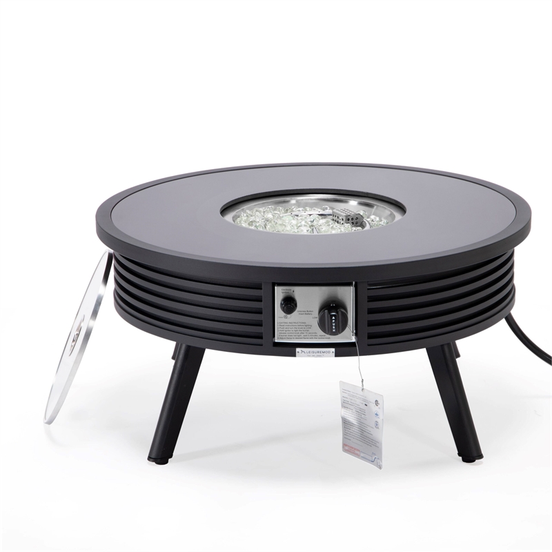 Leisuremod Walbrooke Round Patio Fire Pit Table with Aluminum Slats Frame Black