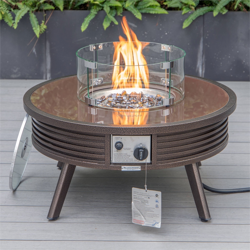 Leisuremod Walbrooke Round Patio Fire Pit Table with Aluminum Slats Frame Brown