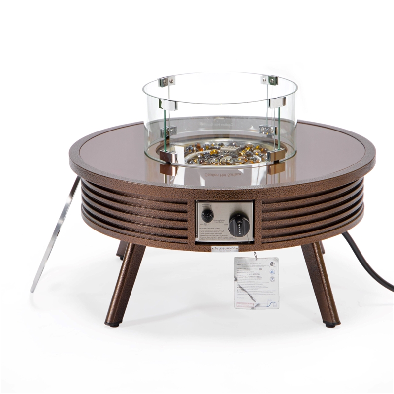 Leisuremod Walbrooke Round Patio Fire Pit Table with Aluminum Slats Frame Brown