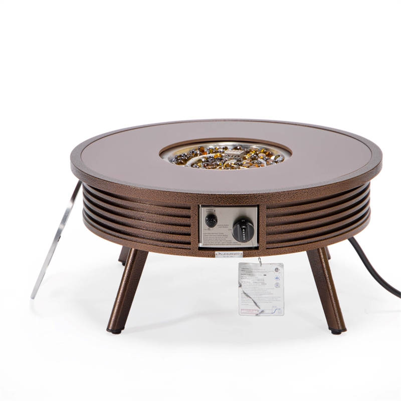 Leisuremod Walbrooke Round Patio Fire Pit Table with Aluminum Slats Frame Brown