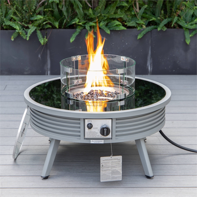 Leisuremod Walbrooke Round Patio Fire Pit Table with Aluminum Slats Frame Gray