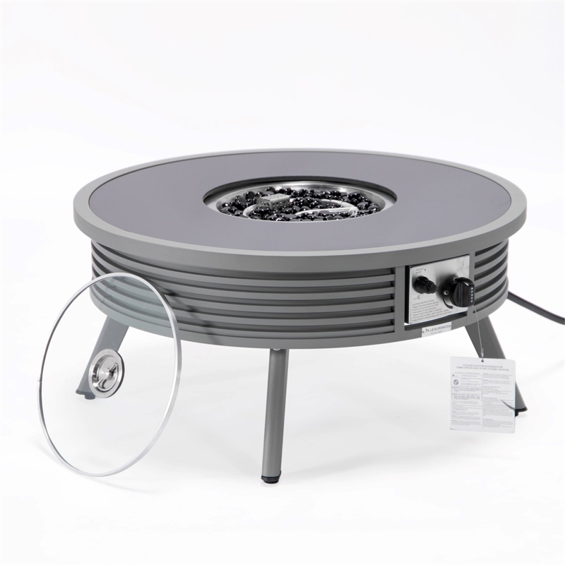 Leisuremod Walbrooke Round Patio Fire Pit Table with Aluminum Slats Frame Gray