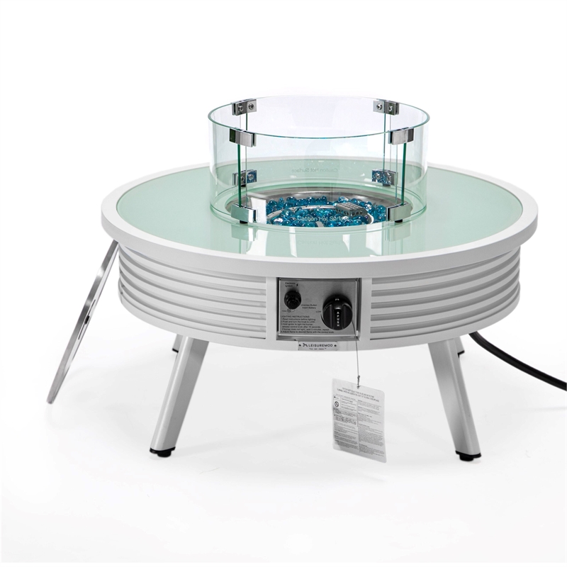 Leisuremod Walbrooke Round Patio Fire Pit Table with Aluminum Slats Frame White