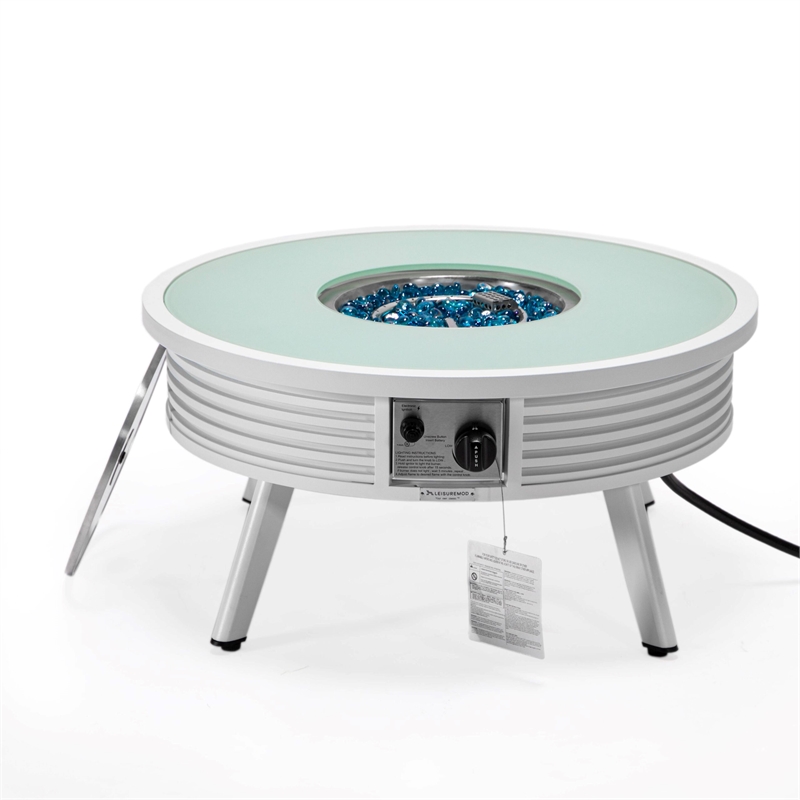 Leisuremod Walbrooke Round Patio Fire Pit Table with Aluminum Slats Frame White