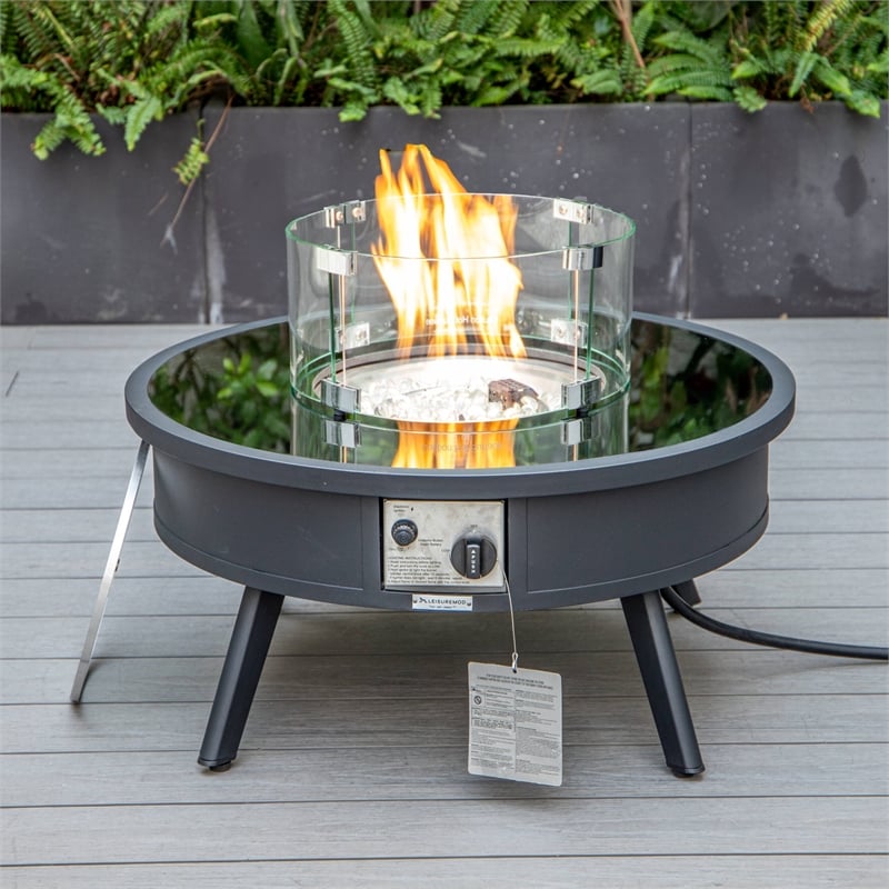 Leisuremod Walbrooke Round Patio Fire Pit Table with Aluminum Frame Black