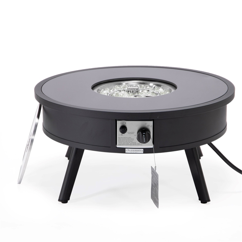 Leisuremod Walbrooke Round Patio Fire Pit Table with Aluminum Frame Black