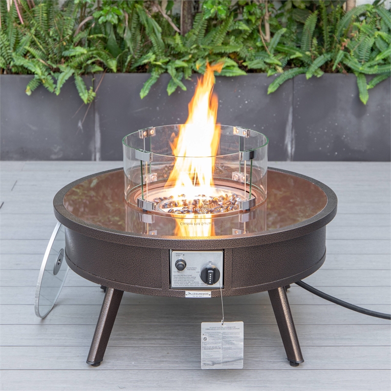 Leisuremod Walbrooke Round Patio Fire Pit Table with Aluminum Frame Brown