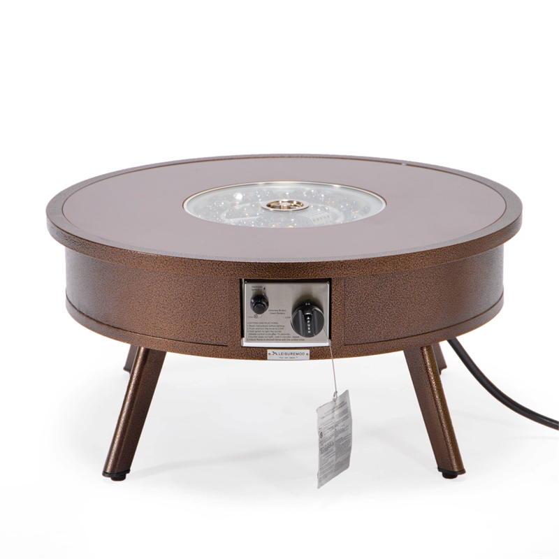 Leisuremod Walbrooke Round Patio Fire Pit Table with Aluminum Frame Brown