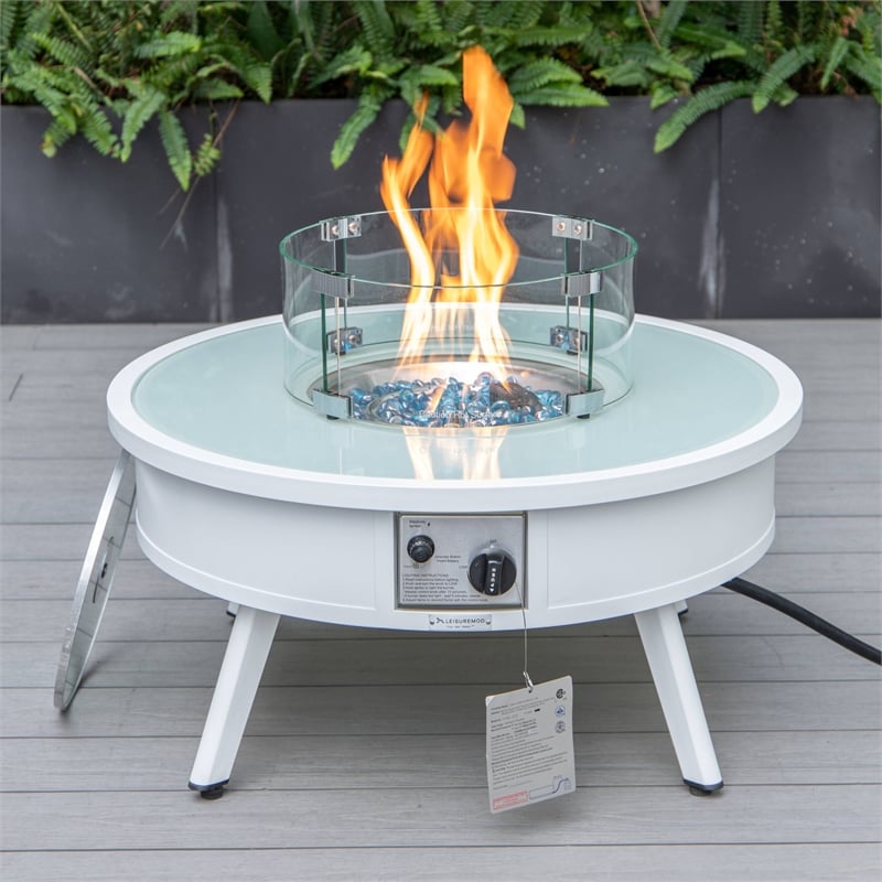 Leisuremod Walbrooke Round Patio Fire Pit Table with Aluminum Frame White